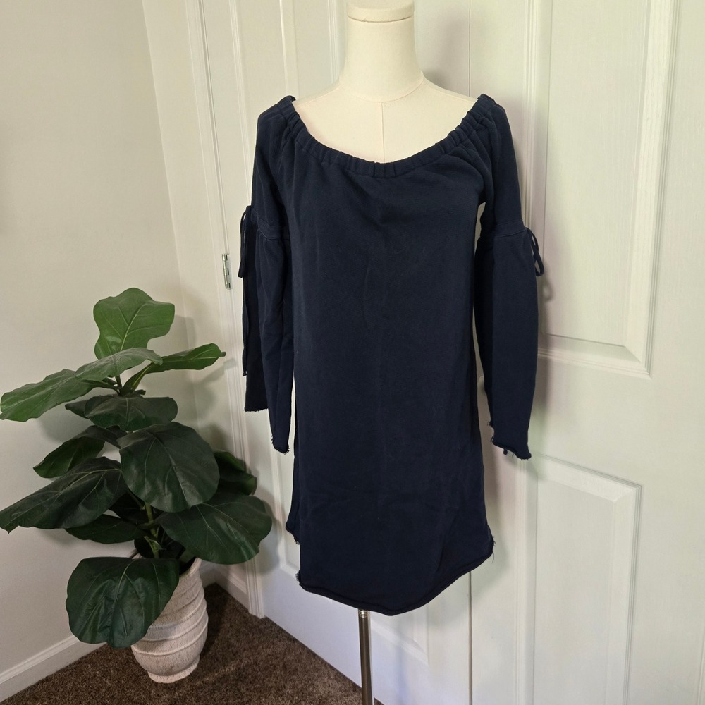 Skin Mini Dress Womens 1 Navy Blue Off Shoulder Bell Sleeve Cotton Knit Tunic